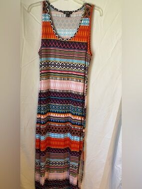 Love Sleeveless Maxi Dress in Orange, Blue, Pink & Black Tribal Stripes